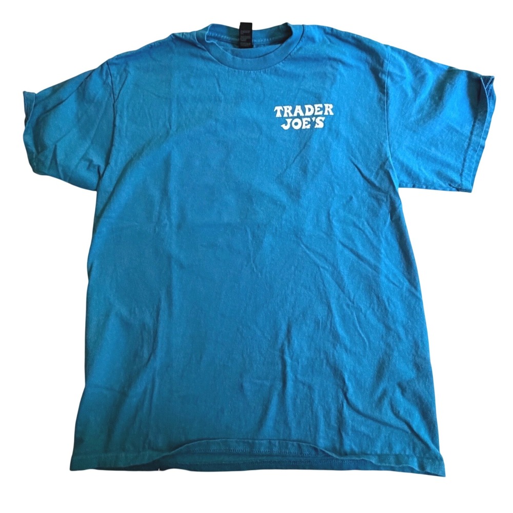 Trader Joes T-Shirt Port & Company Turquoise Blue M Cotton Graphic Crew Neck Tee